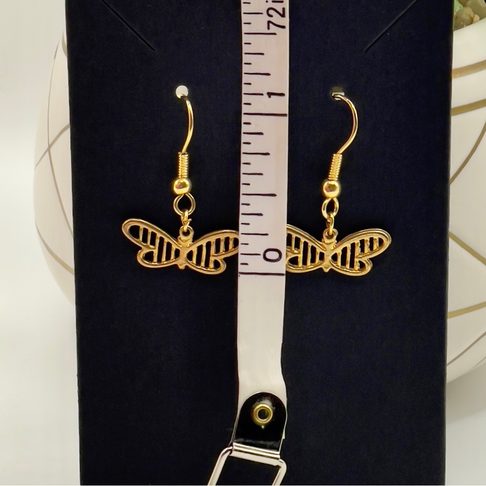 Gold Filigree Butterfly Dangle Earrings•Delicate Openwork Wing Charms - Picture 5 of 10
